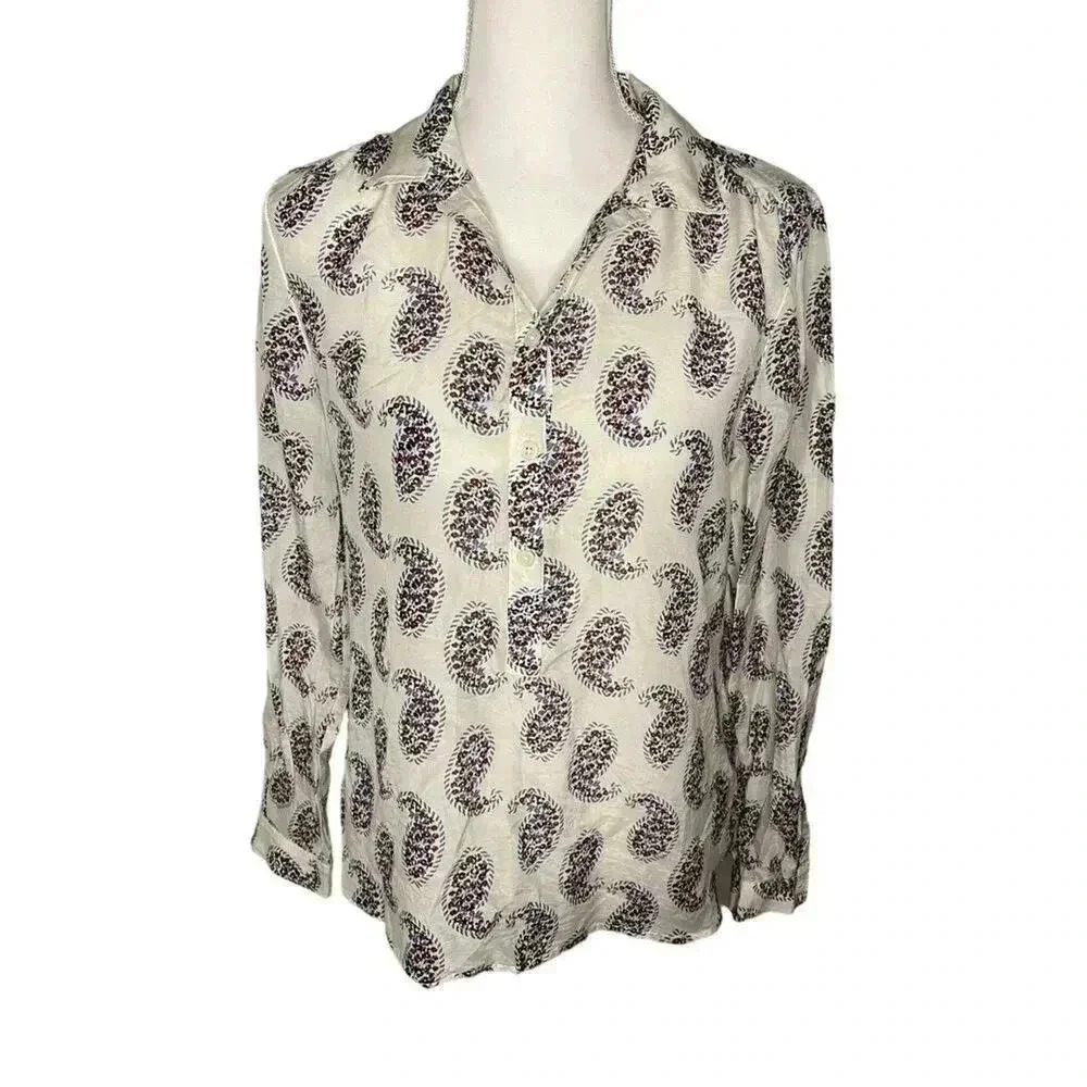 Ann Taylor Loft Women’s Small Lightweight Paisley Silk Blend Popover Button Top